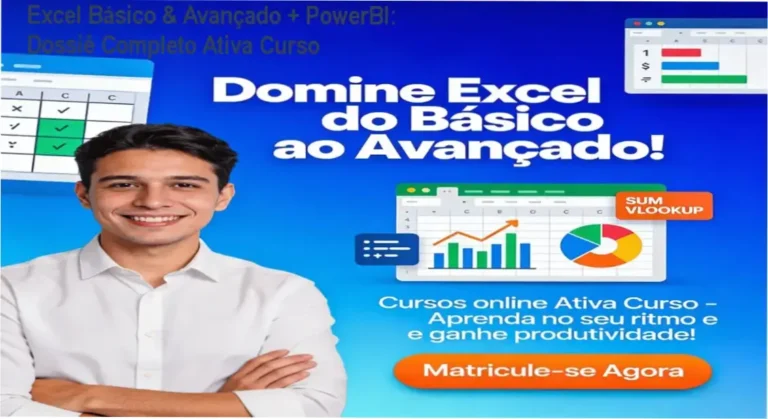 Interface de aprendizado do curso Excel Básico e Avançado com PowerBI exibindo planilhas e dashboards