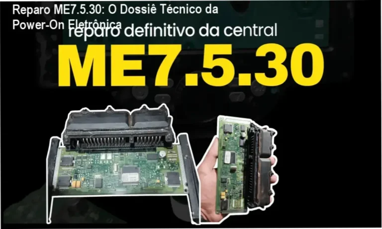 Curso Reparo Definitivo ME7.5.30 da Power-On Eletrônica mostrando diagnóstico em bancada de ECU