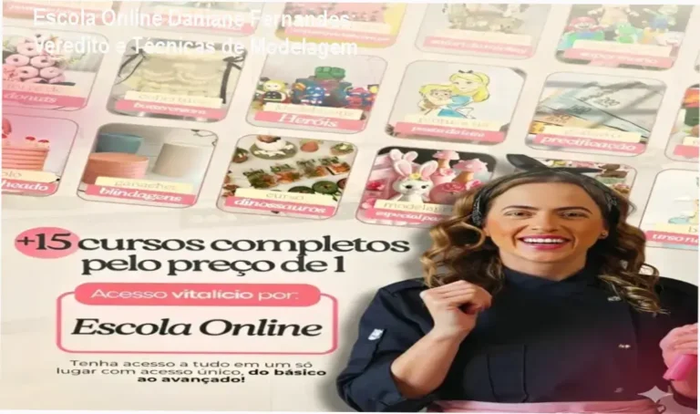 Painel do curso Escola Online Daniane Fernandes com bolos decorados e técnicas de modelagem