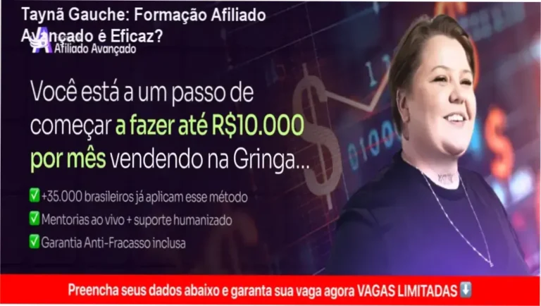 Interface de membros e bastidores da Formação Afiliado Avançado de Taynã Gauche mostrando o método de vendas internacionais