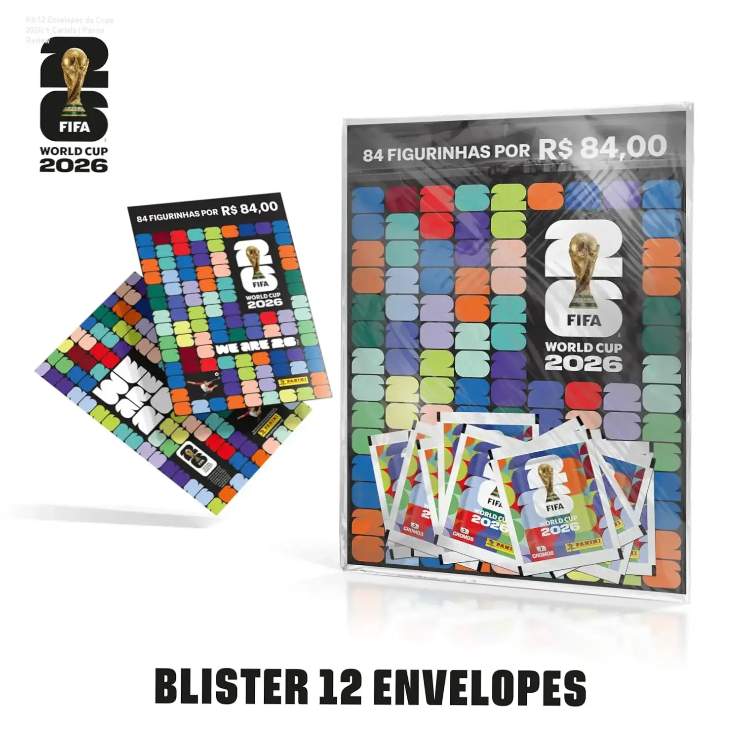 Capa do kit de 12 envelopes de figurinha da Copa 2026 da Panini com cartela inclusiva