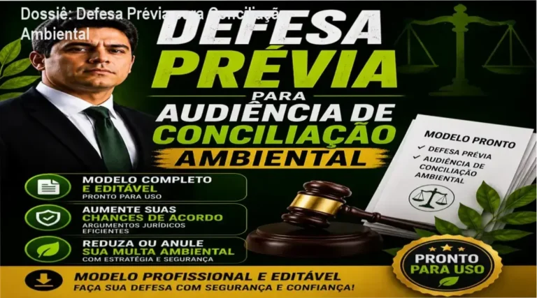 Modelo profissional de Defesa Prévia para Audiência de Conciliação Ambiental detalhando estrutura jurídica e editável