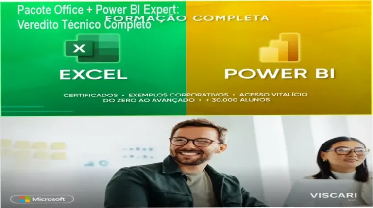 Interface do curso Pacote Office + Power BI Expert destacando módulos de IA e Dashboards