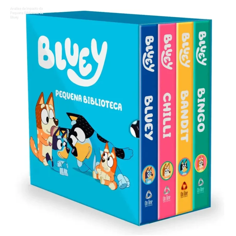 Análise interna da Pequena Biblioteca da Bluey com ilustrações vibrantes e conteúdo educativo