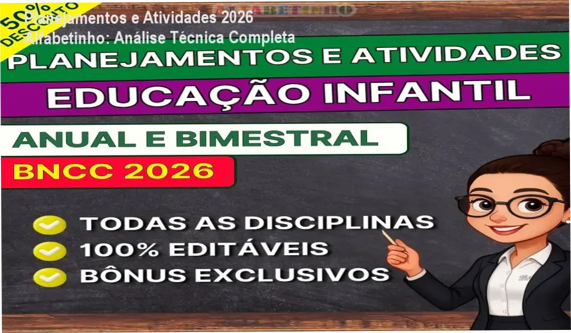 Capa do material Planejamentos e Atividades 2026 do Alfabetinho mostrando planos editáveis alinhados à BNCC