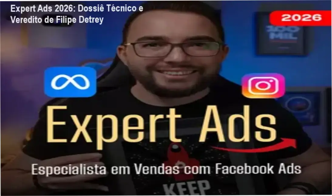 Interface do treinamento Expert Ads 2026 de Filipe Detrey com foco em gestão de tráfego pago e contingência