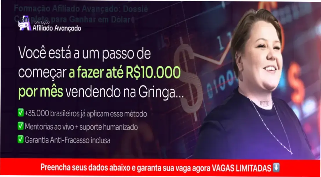 Dashboard de comissões em dólar e interface do curso Formação Afiliado Avançado de Taynã Gauche