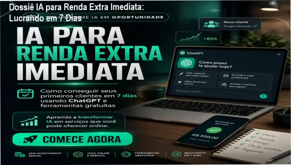 Guia IA para Renda Extra Imediata mostrando ChatGPT e prospecção de clientes